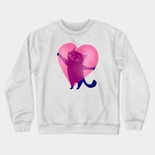 Cute blue cat holding a big pink heart - version 1 Crewneck Sweatshirt